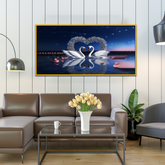 Beautifull Couple Swans Birds Forming Heart With Words Love It Canvas Wall Paintings