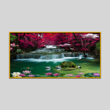 Beautiful Garden with Pink White Flowers Petals Waterfall with Access Lake Wall Paintings