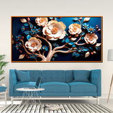 Luxury Floral Wall Art – 3D Gold and Blue Blossom Tree on Deep Blue Canvas