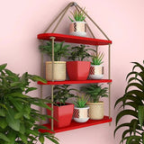 Wooden Wall Hanging Planter Shelf with Rope Three Layer (Red Color)