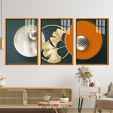 Modern Geometric & Ginkgo Leaf Acrylic Wall Art - 3 Piece Luxury Canvas Set