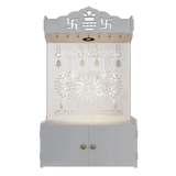 Aesthetic White Wooden Temple With Door for Home with Spacious Shelf & Inbuilt Focus Light