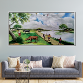 Traditional Indian Village Life Wall Art – Kids Flying Kites by the River with Cattle and Countryside Scenery