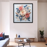 3D Floral Wall Art – Cream, Red, and Blue Paper Flower Arrangement in Black Frame
