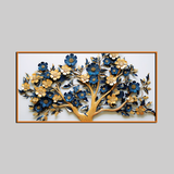 Elegant 3D Floral Tree Wall Art – Gold and Navy Blue Blossoms on White Canvas
