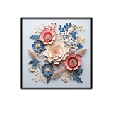 3D Floral Wall Art – Cream, Red, and Blue Paper Flower Arrangement in Black Frame