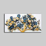 Elegant 3D Floral Tree Wall Art – Gold and Navy Blue Blossoms on White Canvas