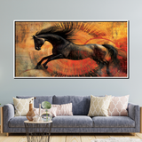 Dynamic Black Horse Wall Art – Abstract Energy-Inspired Painting on Fiery Textured Background