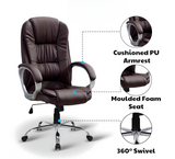 Brown Leatherette Office Chair with Fixed Armrests | Premium Home Office Desk Swivel Seat | Heavy Duty Chrome Base