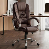 Brown Leatherette Office Chair with Fixed Armrests | Premium Home Office Desk Swivel Seat | Heavy Duty Chrome Base