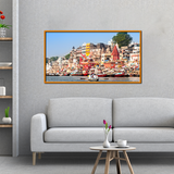 Colorful Daytime View of Varanasi Ghats, India Framed Wall Art