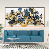 Elegant 3D Floral Tree Wall Art – Gold and Navy Blue Blossoms on White Canvas