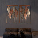 Rectangular Copper & Green Etching Leaves Wall Decor Set of 2