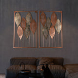 Rectangular Copper & Green Etching Leaves Wall Decor Set of 2