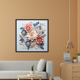 3D Floral Wall Art – Cream, Red, and Blue Paper Flower Arrangement in Black Frame