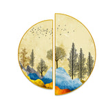 Beautiful Mountain Landscape with Trees and Birds Semi Circle Canvas Wall painting