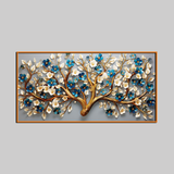 Luxury 3D Blooming Tree Wall Art – Gold Trunk with Blue and White Flowers on Grey Canvas