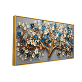 Luxury 3D Blooming Tree Wall Art – Gold Trunk with Blue and White Flowers on Grey Canvas