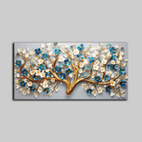 Luxury 3D Blooming Tree Wall Art – Gold Trunk with Blue and White Flowers on Grey Canvas