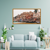 Heritage View of Varanasi Ghats in Earthy Tones Framed Wall Art