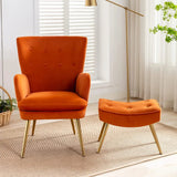 Tufted Long Back Orange Lounge Chair With Ottoman