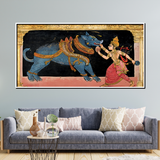 Traditional Indian Mythological Wall Art – Goddess Slaying Demon in Pattachitra-Style Painting