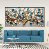 Luxury 3D Blooming Tree Wall Art – Gold Trunk with Blue and White Flowers on Grey Canvas