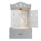 Aesthetic White Wooden Temple With Door for Home with Spacious Shelf & Inbuilt Focus Light