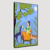 Beautiful Lady With Deer Madhubani Painting / Canvas Print Stretched on Wood Bars 61 x 41cm