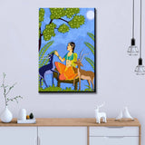 Beautiful Lady With Deer Madhubani Painting / Canvas Print Stretched on Wood Bars 61 x 41cm