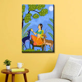 Beautiful Lady With Deer Madhubani Painting / Canvas Print Stretched on Wood Bars 61 x 41cm