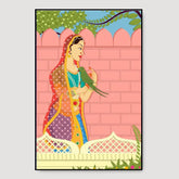 Beautiful Queen With Parrot Madhubani Painting / Canvas Print Stretched on Wood Bars 61 x 41cm