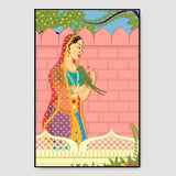 Queen with parrot Beautiful Madhubani Painting / Canvas Print Stretched on Wood Bars 61 x 41cm