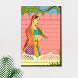 Beautiful Queen With Parrot Madhubani Painting / Canvas Print Stretched on Wood Bars 61 x 41cm