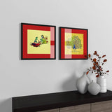 Madhubani Painting / Lord Krishna Painting with Frame - Set of 2 - Lord Krishna Artwork / Black Frame