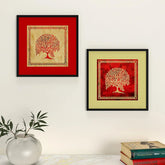 Madhubani Painting with Frame - Set of 2 - Trees Art / Dark Brown Wood Texture Frame
