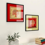 Madhubani Painting with Frame - Set of 2 - Trees Art / Dark Brown Wood Texture Frame