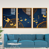 Golden Butterflies & Tree Rings Abstract Acrylic Wall Art - 3 Piece Canvas Set