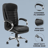 Premium Black Leatherette Office Chair with Fixed Armrests | Home Office Desk Swivel Seat | Heavy Duty Chrome Base