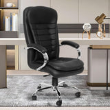 Premium Black Leatherette Office Chair with Fixed Armrests | Home Office Desk Swivel Seat | Heavy Duty Chrome Base