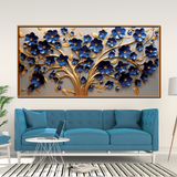 Stunning 3D Golden Tree Wall Art – Deep Blue Blossoms with Gold Accents on Light Canvas
