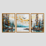 Abstract Mountain Lake Landscape with Pine Trees and Soaring Birds-3-Piece Framed Canvas Acrylic Wall Art