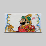 Rajasthani Royal Portrait Wall Art – Traditional Indian King with Lion Emblem in Folk Style