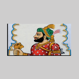 Rajasthani Royal Portrait Wall Art – Traditional Indian King with Lion Emblem in Folk Style