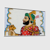 Rajasthani Royal Portrait Wall Art – Traditional Indian King with Lion Emblem in Folk Style