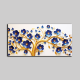 Elegant 3D Golden Tree Wall Art – Bold Blue Blossoms with Flowing Gold Branches