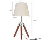Tripod Table Lamp Wooden Brown Polished and Stainless Steel 19 Inches Height with 10 inches Off White Lampshade