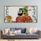 Rajasthani Royal Portrait Wall Art – Traditional Indian King with Lion Emblem in Folk Style