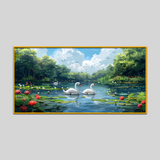 Beautifull Realistic Swan Birds Quaint Cartoon Pond with Jumping Frogs Canvas Wall Paintings