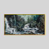 Beautiful Waterfall with Green Background Black White Painting Waterfall Canvas Wall Paintings